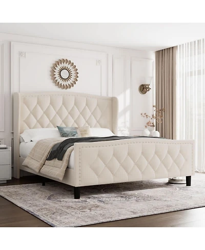 gaomon Full Bed Frame Beige Upholstered 4 Storage Drawers Wingback Headboard Charging Station Button Tufted