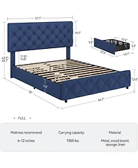 gaomon Upholstered Bed Frame 4 Storage Drawers Headboard Linen Platform Wooden Slats Button Tufted