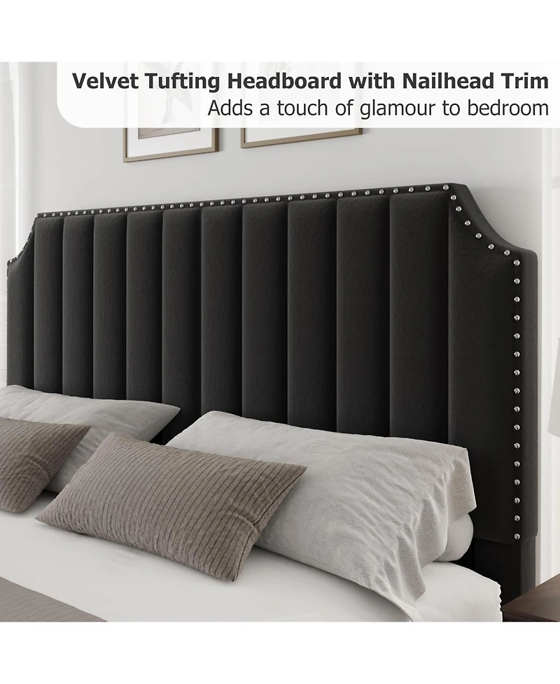 gaomon Queen Size 50" Headboard, Velvet Channel Tufted Footboard, Nailhead Trim, No Box Spring, Black Platform Bed Frame