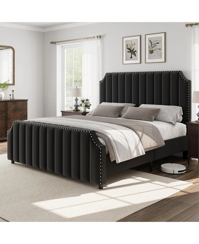 gaomon King Size Platform Bed Frame 50.2in Headboard Velvet Channel Tufted Footboard Nailhead Trim No Box Spring Black