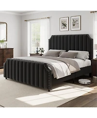 gaomon King Size Platform Bed Frame 50.2in Headboard Velvet Channel Tufted Footboard Nailhead Trim No Box Spring Black