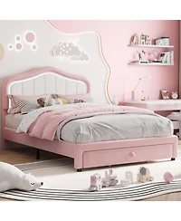 gaomon Twin Xl Upholstered Bed Frame with Led Lights Storage Drawer Velvet Bed Headboard for Kids Girls Boys No Box Spring Pink
