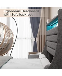 gaomon Full Size Upholstered Platform Bed Frame with Headboard Charging Station Led Lights Wooden Slats No Box Spring Grey