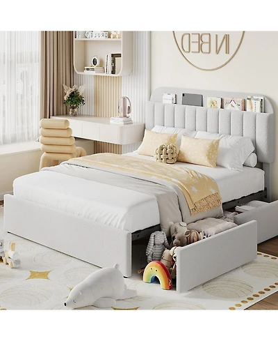 gaomon Queen Size Boucle Upholstered Bed Frame with Bookcase Headboard 2 Drawers No Box Spring Platform Bed Frame
