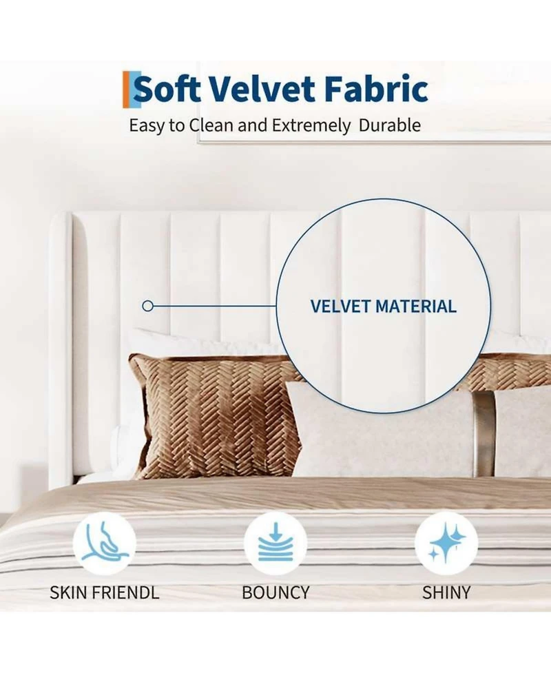 gaomon Full Size White Velvet Platform Bed Frame Channel Tufted Wingback Headboard Upholstered Wood Slats No Box Spring