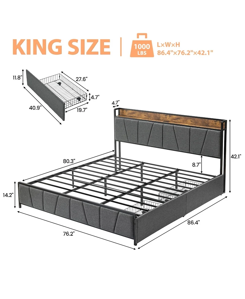 gaomon King Size Bed Frame with 2 Storage Drawers and Charging Station, Rustic Linen Upholstered Platform Bedframe