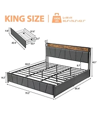 gaomon King Size Bed Frame with 2 Storage Drawers and Charging Station, Rustic Linen Upholstered Platform Bedframe