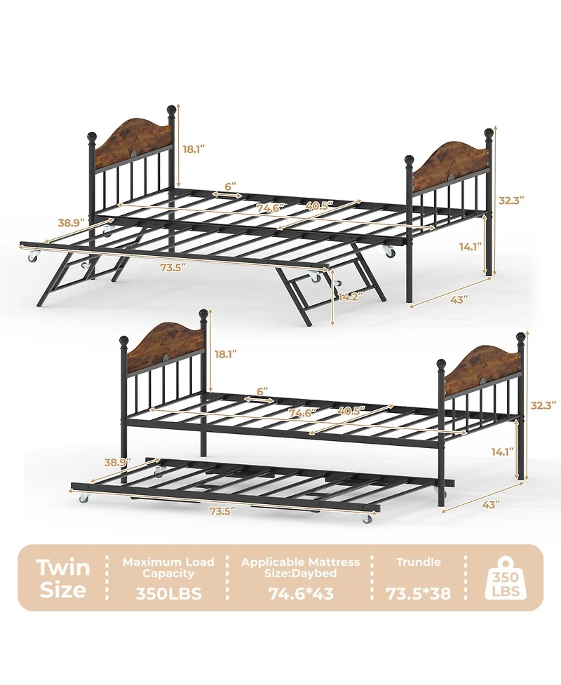Gaomon Daybed with Trundle, Metal Twin Size Day Bed with Stylish Headboard, Sofa Bed Frame with Pop Up Foldable Trundle Bed