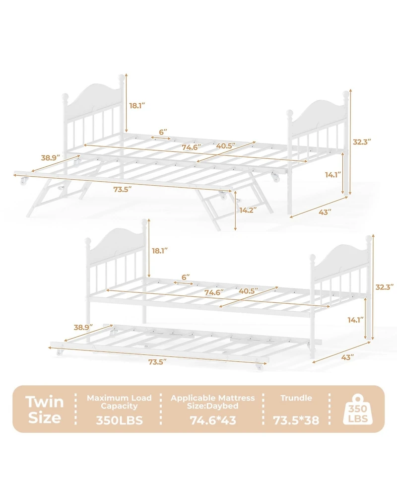 Gaomon Daybed with Trundle, Metal Twin Size Day Bed with Stylish Headboard