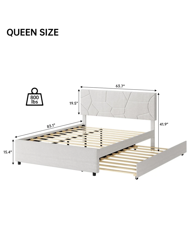 gaomon Trundle Bed, Queen Size Upholstered Platform Bed Frame, Pull Out Bed with Headboard, Wood Slat Support