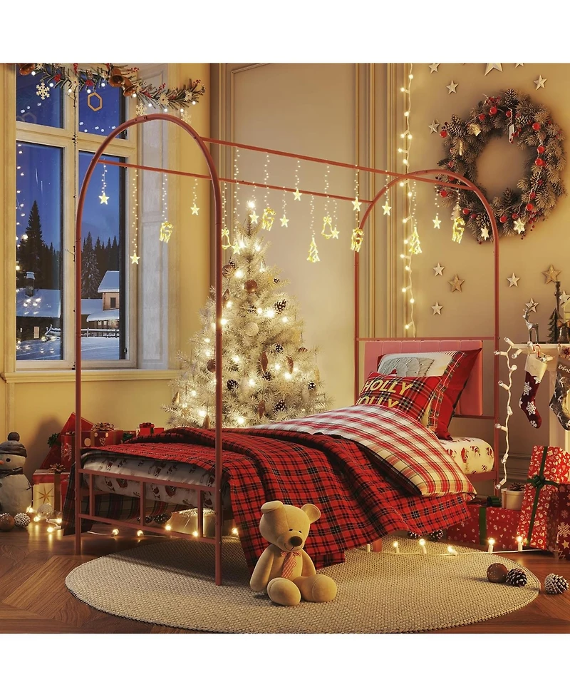 gaomon Twin Canopy Bed Frame, Metal Kids Platform with Upholstered Headboard, Strong Slats, Noise Free