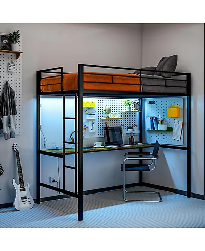 Homcom Twin Loft Bed with Power Outlets Lights Metal Loft Bed Frame,