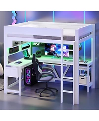 Flynama White Wood Full Size Gaming Loft Bed Built In Desk Charging Station Led Lighting Storage Shelves Multifunctional Modern Living Space Furniture