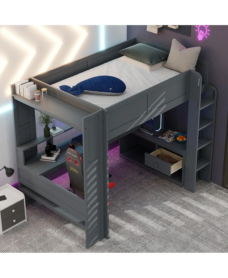 Flynama Dark Gray Wood Full Size Gaming Loft Bed Built In Desk Charging Station Storage Shelves Led Lighting Space Saving Teens Adults Furniture