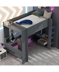 Flynama Dark Gray Wood Full Size Gaming Loft Bed Built In Desk Charging Station Storage Shelves Led Lighting Space Saving Teens Adults Furniture