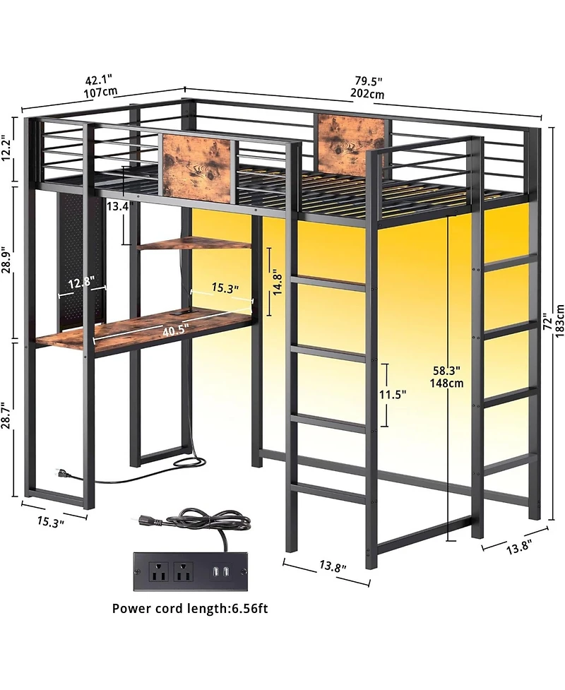 Likimio Twin Metal Loft Bed with Desk, Shelves and 2 Built-in Ladders, Power Outlet and Led Lighted, Space-Saving
