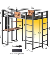 Likimio Twin Metal Loft Bed with Desk, Shelves and 2 Built-in Ladders, Power Outlet and Led Lighted, Space-Saving
