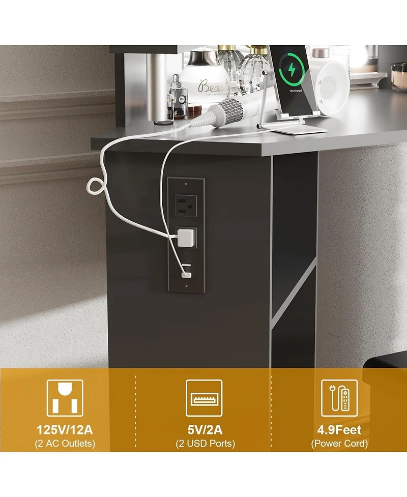 gaomon Corner Makeup Vanity Desk with Lights, Power Outlet, Rotating Drawers, Adjustable Brightness