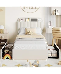 gaomon Boucle Upholstered Platform Bed with 2 Storage Drawers and Bookcase Headboard, Noise-Free, Easy Assembly, No Box Spring Needed