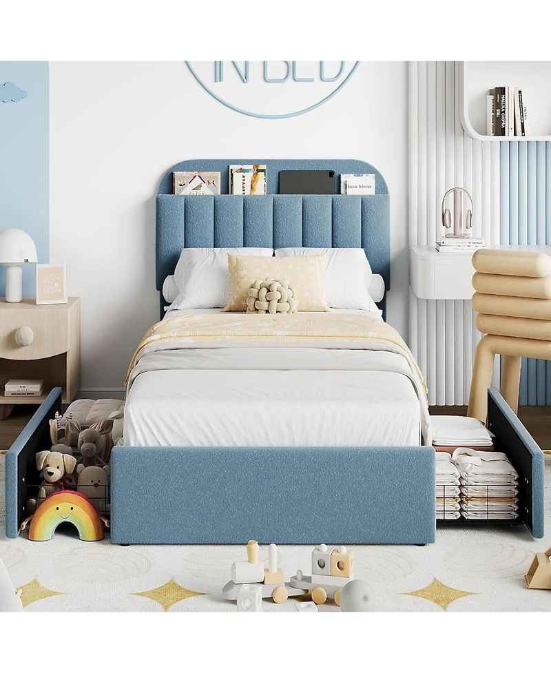 gaomon Boucle Upholstered Platform Bed with 2 Storage Drawers and Bookcase Headboard, Noise-Free, Easy Assembly, No Box Spring Needed