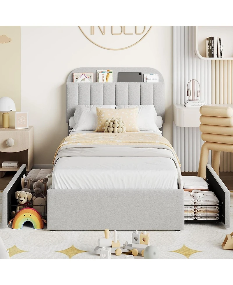 gaomon Boucle Upholstered Platform Bed with 2 Storage Drawers and Bookcase Headboard, Noise-Free, Easy Assembly, No Box Spring Needed