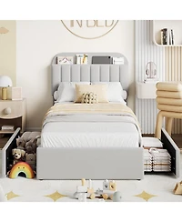 gaomon Boucle Upholstered Platform Bed with 2 Storage Drawers and Bookcase Headboard, Noise-Free, Easy Assembly, No Box Spring Needed