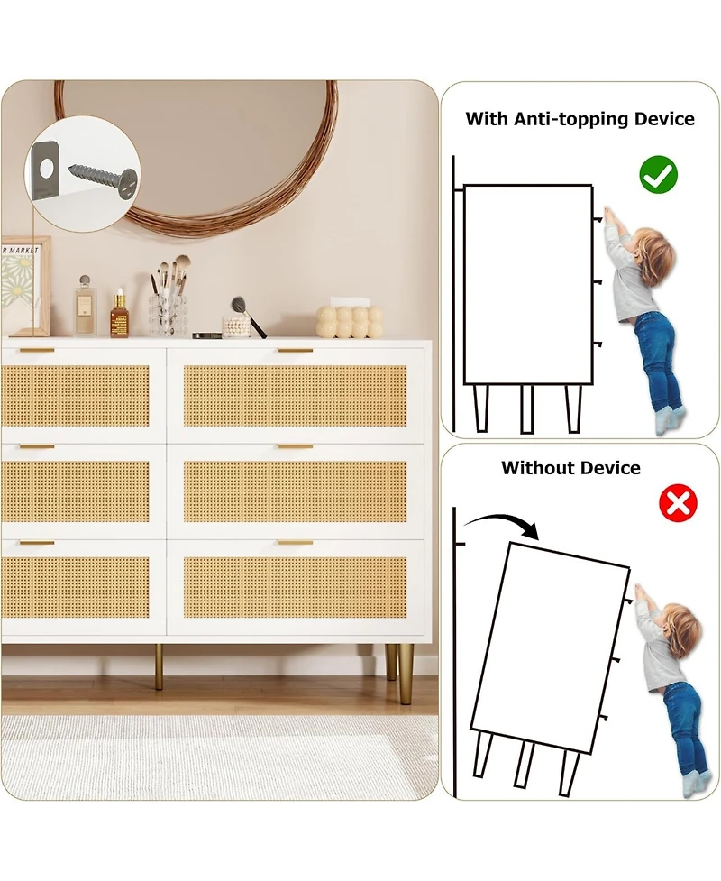 gaomon 6-Drawer Rattan Dresser, Modern Chest with Gold Legs & Handles, Wide Double Storage, Bedroom, Living Room, White