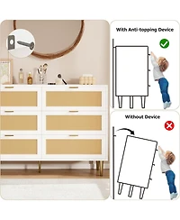 gaomon 6-Drawer Rattan Dresser, Modern Chest with Gold Legs & Handles, Wide Double Storage, Bedroom, Living Room, White