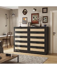 gaomon 5-Drawer Modern Rattan Tall Dresser, Wide Top, Wooden Storage Cabinet for Bedroom, Living Room, Hallway, Entryway