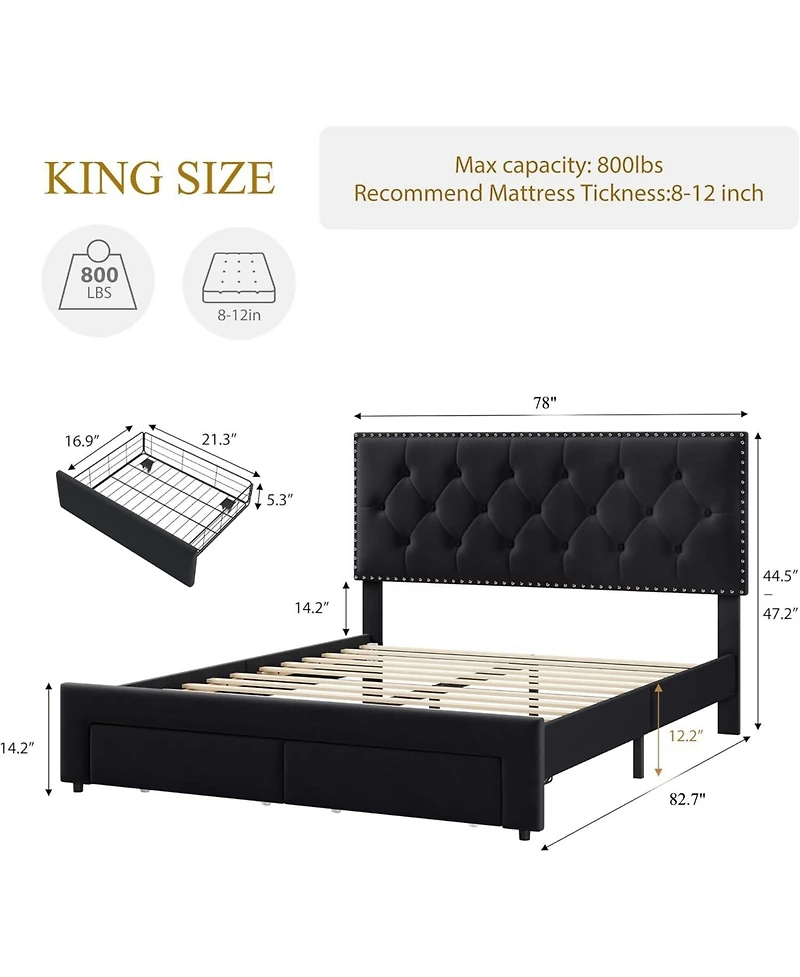 gaomon Velvet Upholstered Platform Bed Frame with Tufted Wingback Headboard and 2 Storage Drawers
