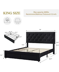 gaomon Velvet Upholstered Platform Bed Frame with Tufted Wingback Headboard and 2 Storage Drawers