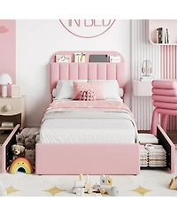 gaomon Boucle Upholstered Platform Bed with 2 Storage Drawers and Bookcase Headboard, Noise-Free, Easy Assembly, No Box Spring Needed