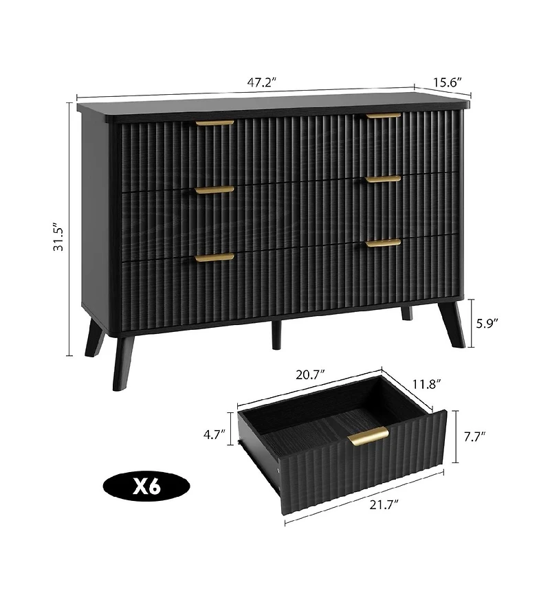 gaomon Fluted Dresser for Bedroom with 6 Deep Drawers, 47in Tall Chest of Drawers with Faux Marble Top, Curved Profile Design, Black