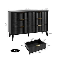 gaomon Fluted Dresser for Bedroom with 6 Deep Drawers, 47in Tall Chest of Drawers with Faux Marble Top, Curved Profile Design, Black