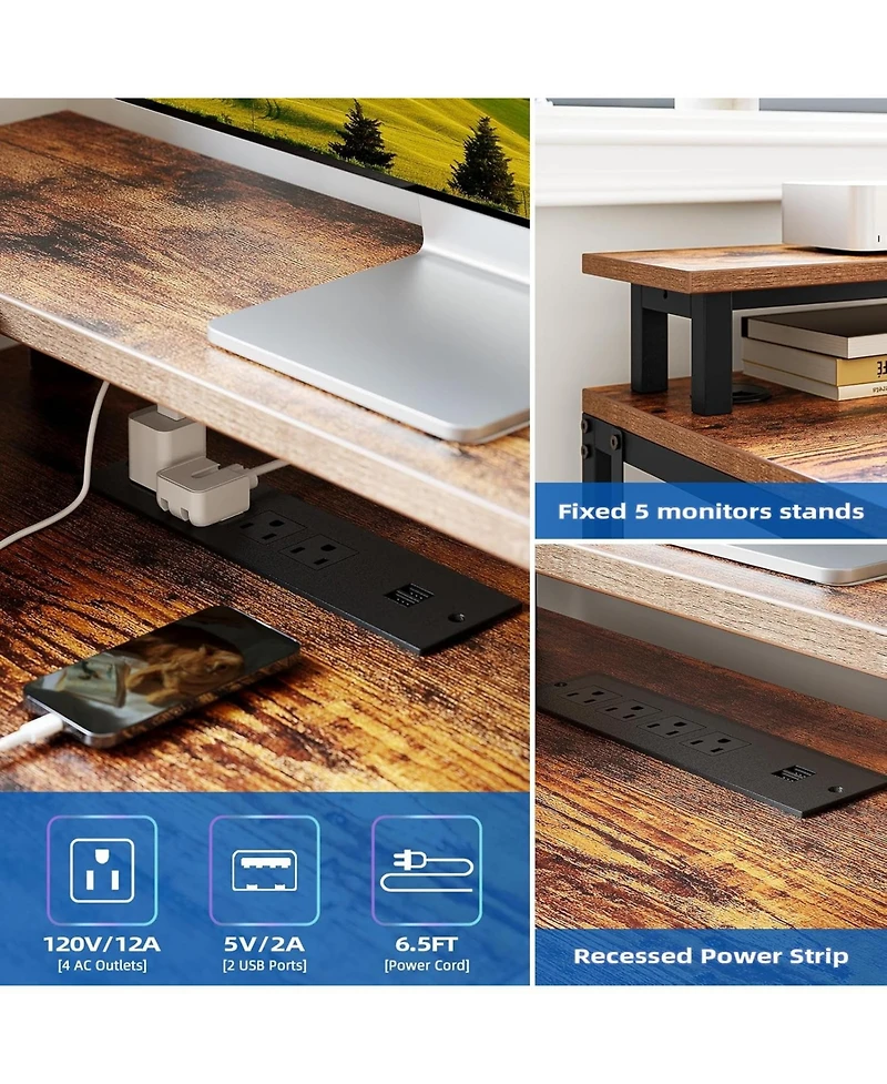 gaomon 55" Brown L-Shaped Desk with Drawer & Led, Versatile Corner Home Office Desk with Usb Charging, Power Outlet, Monitor Stand