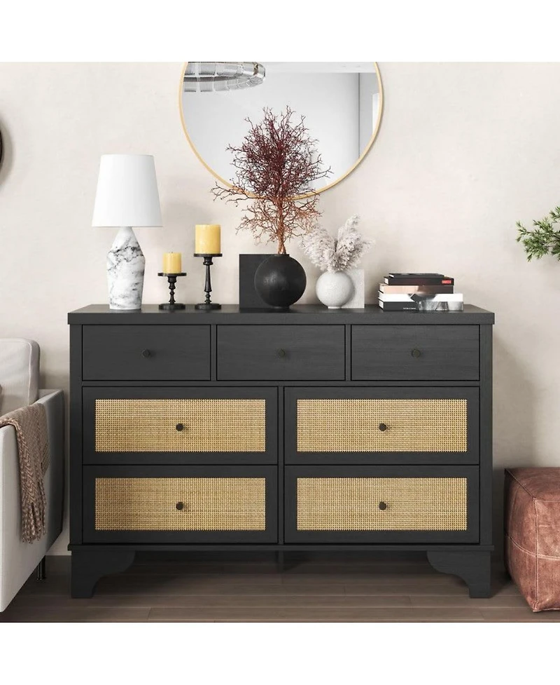 gaomon 7-Drawer Modern Dresser for Bedroom, Wood Chest with Natural Rattan Fronts, Sturdy Base, Organizer for Living Room, Entryway, Hallway