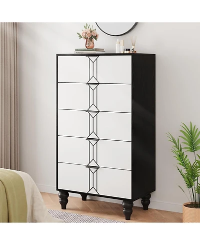 gaomon 5-Drawer Modern Wooden Tall Dresser, Vintage Pattern Design, Deep Drawers for Bedroom, Living Room, Entryway