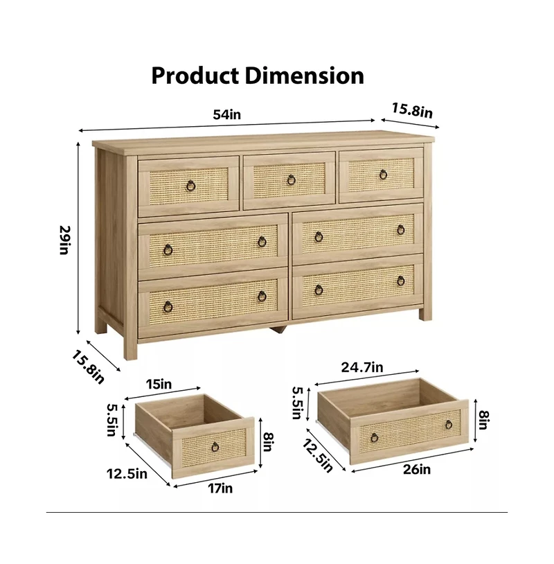 gaomon 7-Drawer Freestanding Rattan Cabinet Dresser, Wood Chest with Anti-Tip, Storage Organizer for Bedroom, Living Room