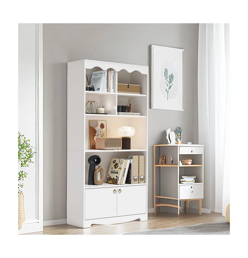 gaomon 5-Tier Modern Bookshelf Display Cabinet, 63" Floor Standing Storage Organizer, Walnut Finish, White