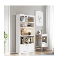 gaomon 5-Tier Modern Bookshelf Display Cabinet, 63" Floor Standing Storage Organizer, Walnut Finish, White