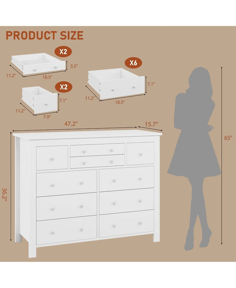 gaomon 10-Drawer White Dresser 47" Wide, Long Wooden Chest Storage Cabinet for Bedroom, Entryway, Living Room