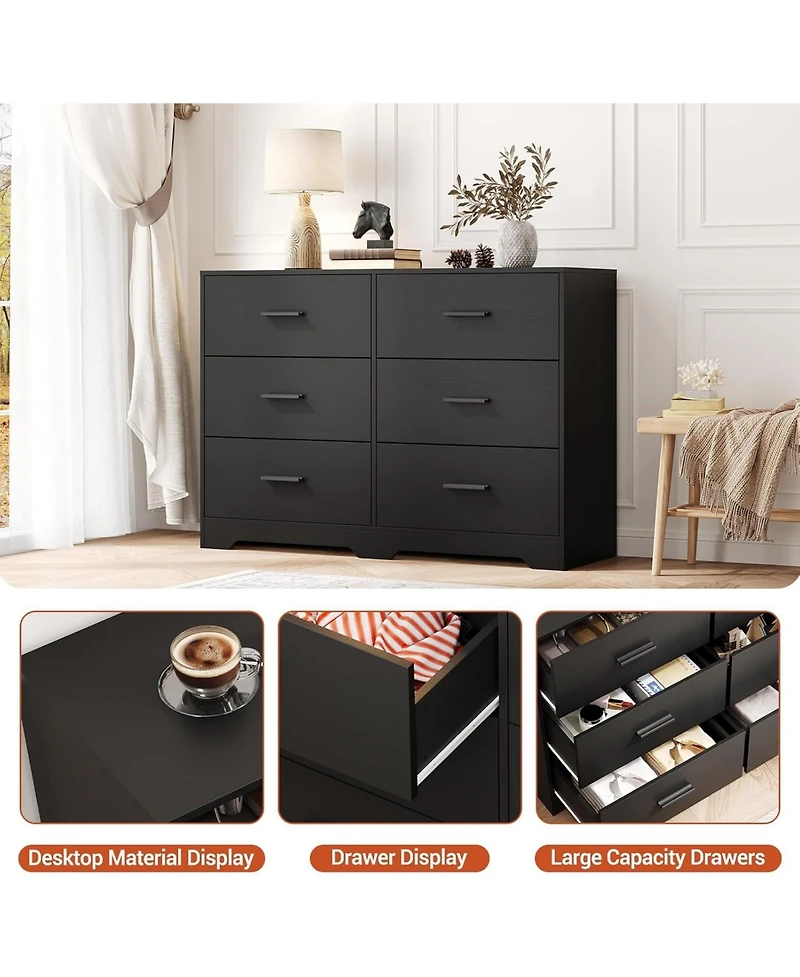 gaomon 6-Drawer Black Double Dresser 47" Wide, Modern Chest Tv Stand, Storage Cabinet with Metal Handles, Bedroom, Hallway