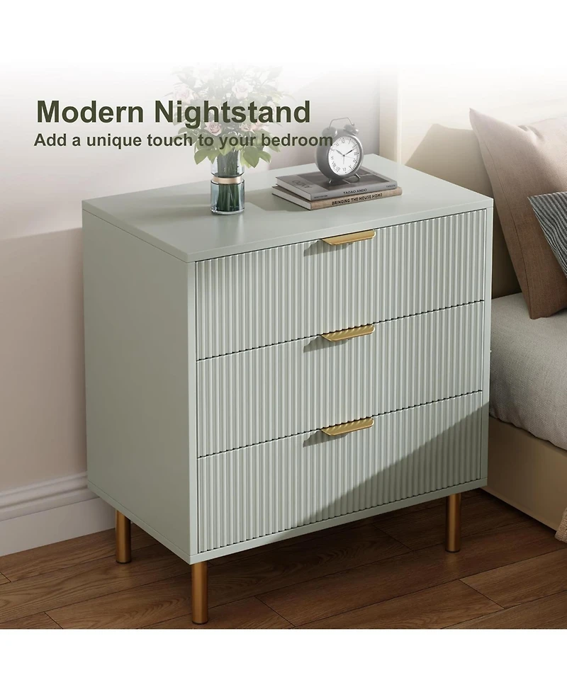 gaomon 3-Drawer Modern Green Dresser, 30" Tall, Fluted Chest with Gold Handles, Anti-Tip Device, Bedroom, Living Room, Kids Room