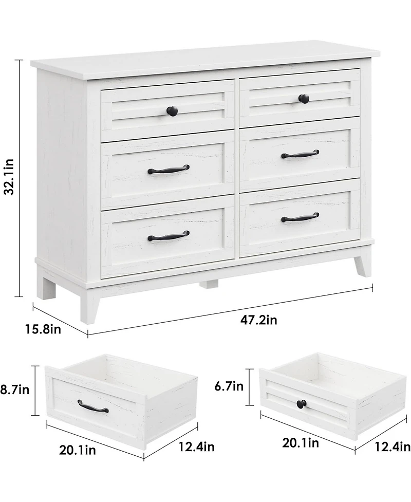 gaomon 6-Drawer White Wooden Dresser, 47" Freestanding Storage Chest for Bedroom, Living Room