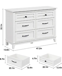 gaomon 6-Drawer White Wooden Dresser, 47" Freestanding Storage Chest for Bedroom, Living Room