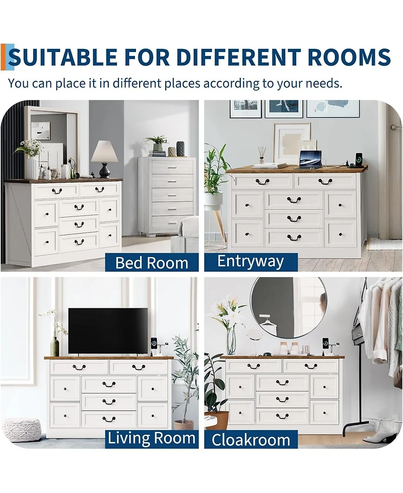 gaomon 9-Drawer Engineered Wood Farmhouse Dresser with Built-In Charging Station and Anti-Tip Device