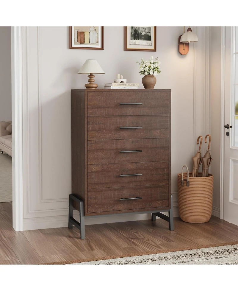 gaomon 5-Drawer Brown Dresser, 50.5 Inch Tall Freestanding Wood Chest, Large Closet Storage for Home Office