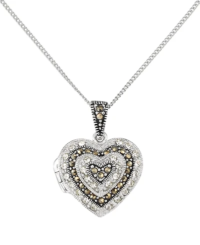 Macy's Marcasite (0.11 ct. t.w.) And Crystal Heart Locket Pendant Necklace in Sterling Silver