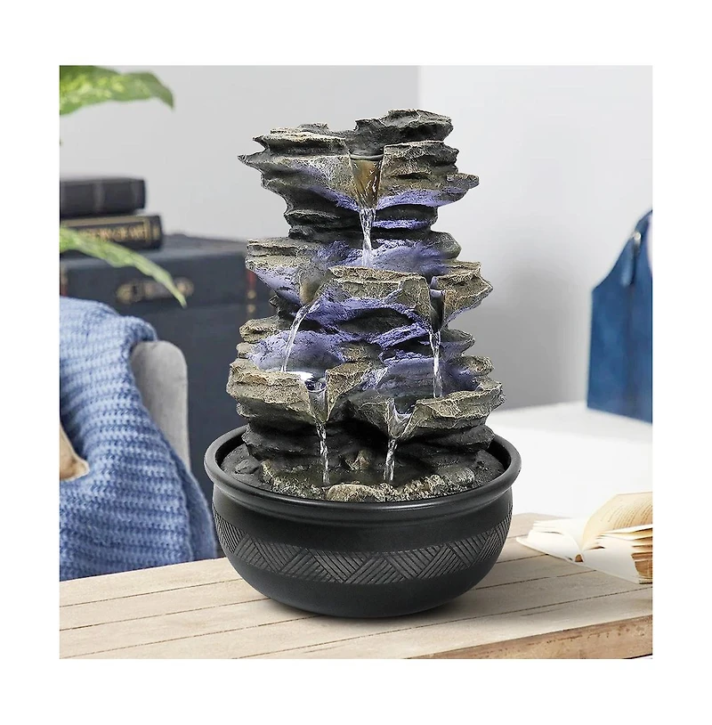 SunJet 15.7" Rock Cascading Tabletop Fountain, Zen Meditation Indoor Waterfall with Led Light for Home Office Bedroom Relaxation Decor
