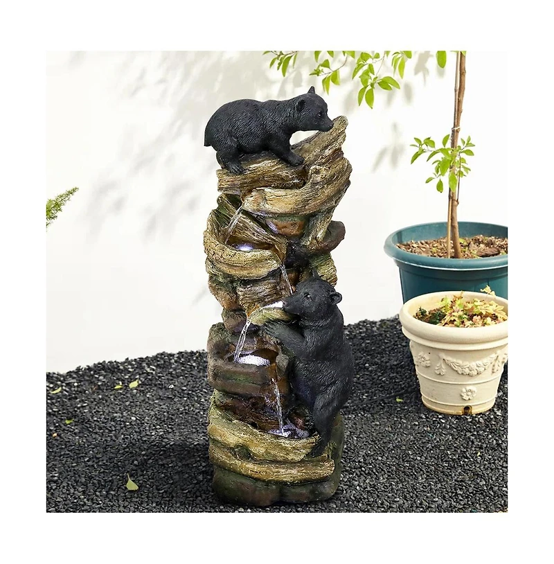 SunJet 39.3" 5-Tier Outdoor Garden Water Fountain with Bears Climbing Tree, Resin Fountain with Led Lights for Garden, Patio & Deck